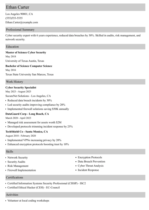 Cyber security resume example