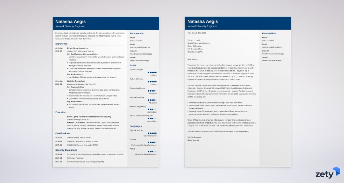 cybersecurity resume and cover letter set