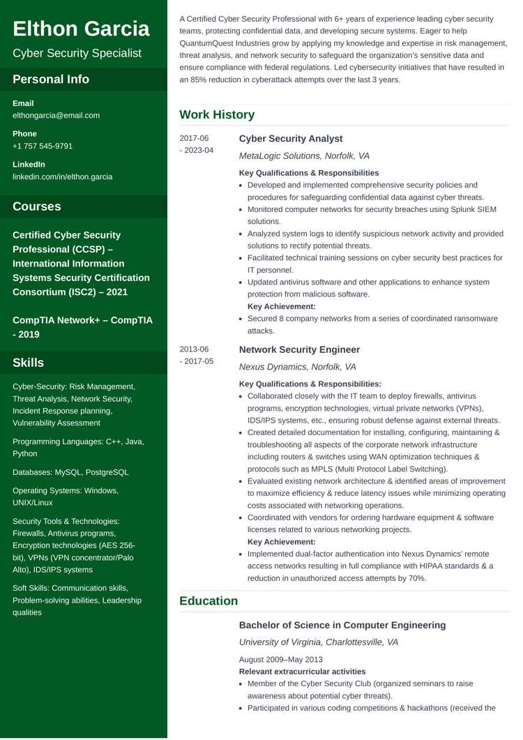 Cascade resume template for cyber security specialists