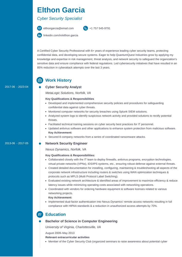 Concept resume template for cyber security specialists