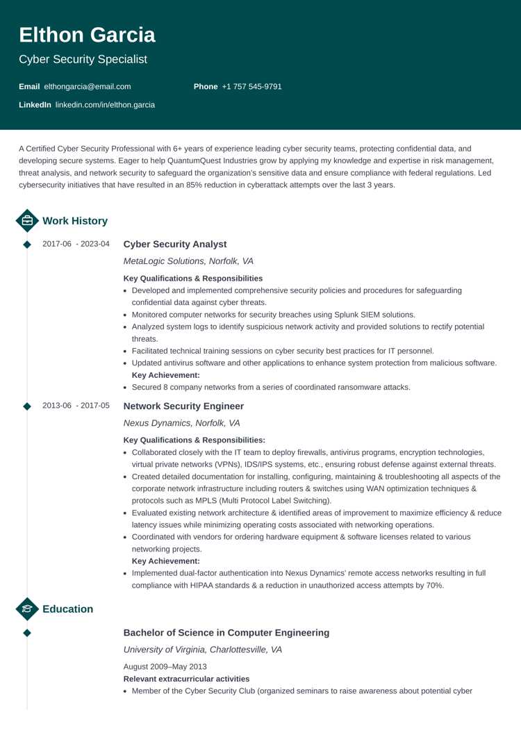 Diamond resume template for cyber security specialists