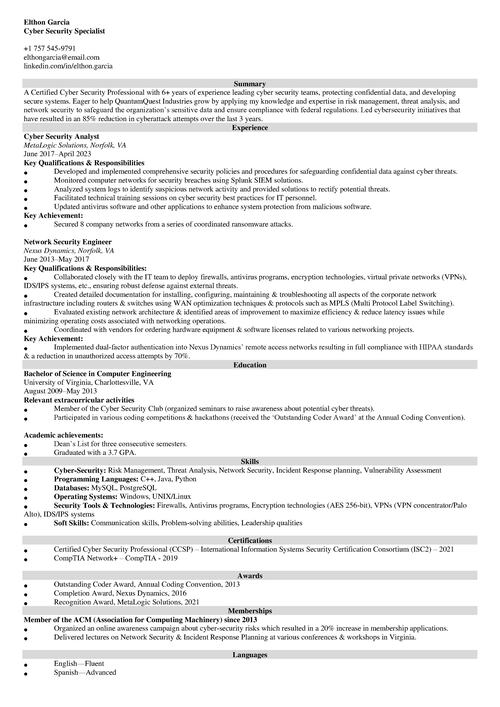 Cyber Security Resume Example