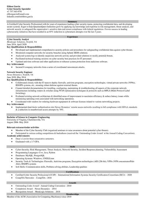 Cyber security resume example