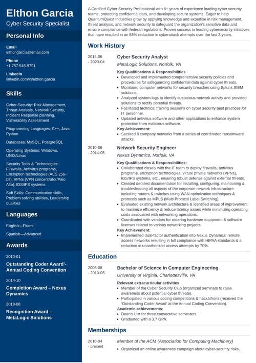Cyber security resume example