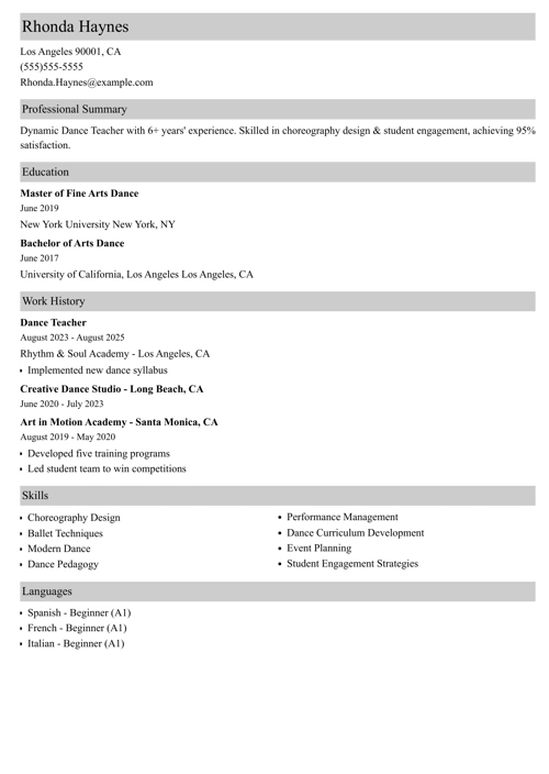 dance teacher resume example
