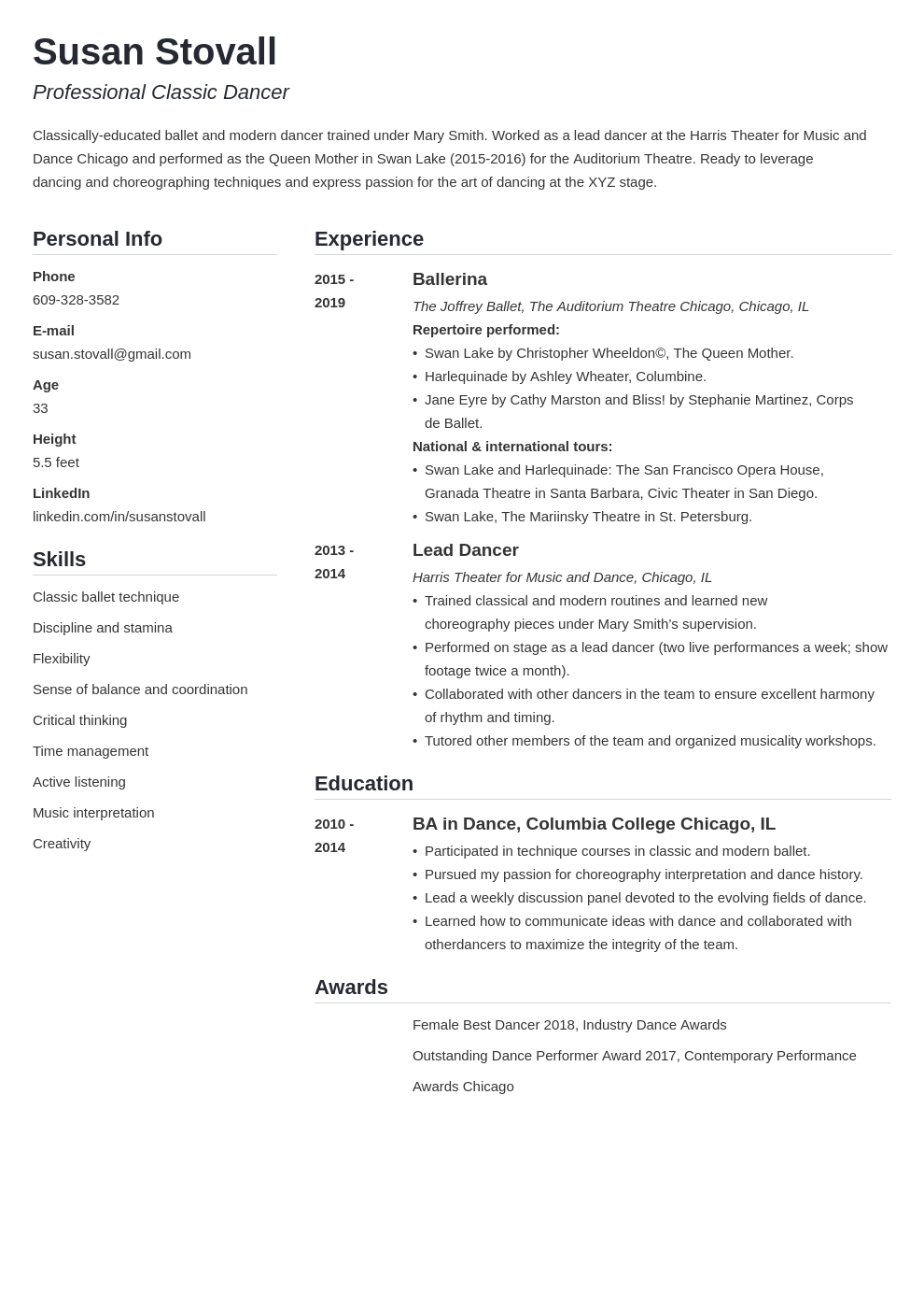 dance resume example template simple
