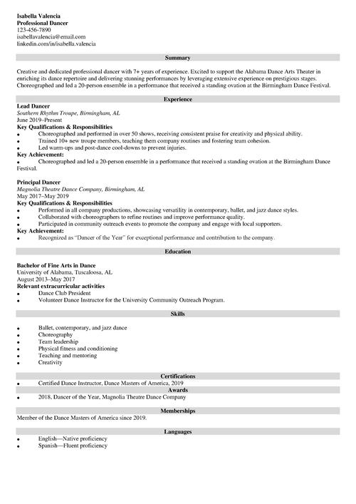 Dance Resume Example