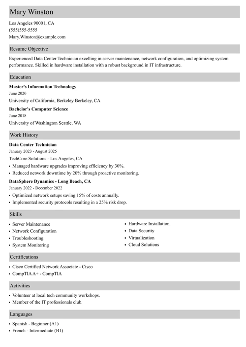 data center technician resume example