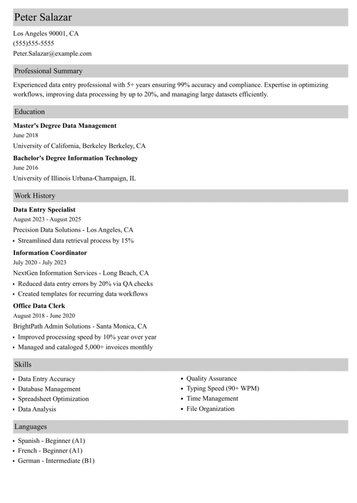 Data entry resume example