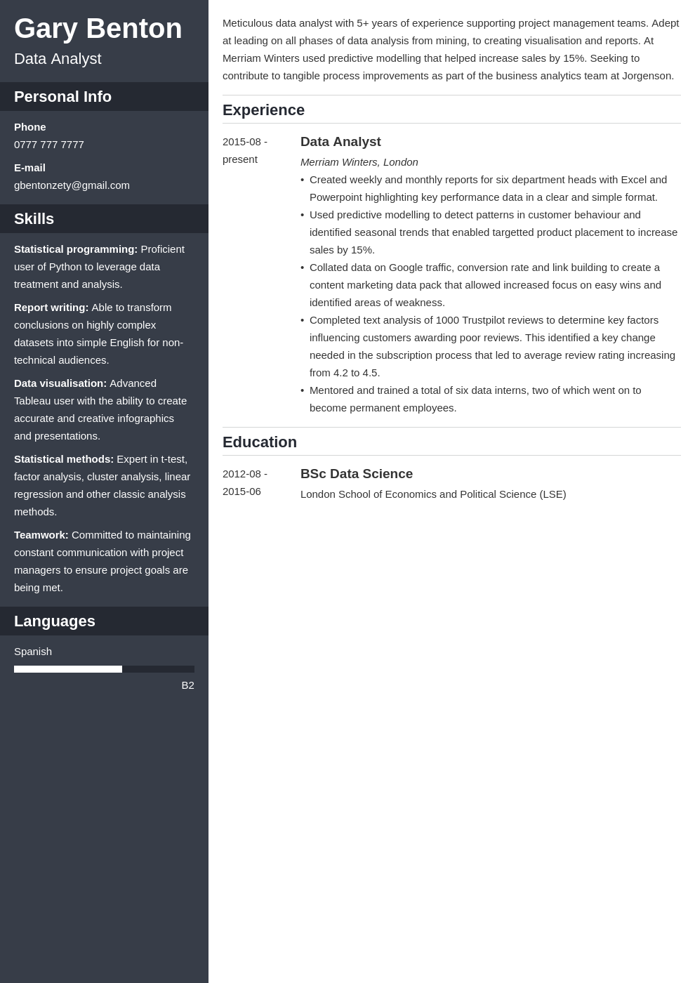 Data Analyst CV Example & Writing Guide for 2024