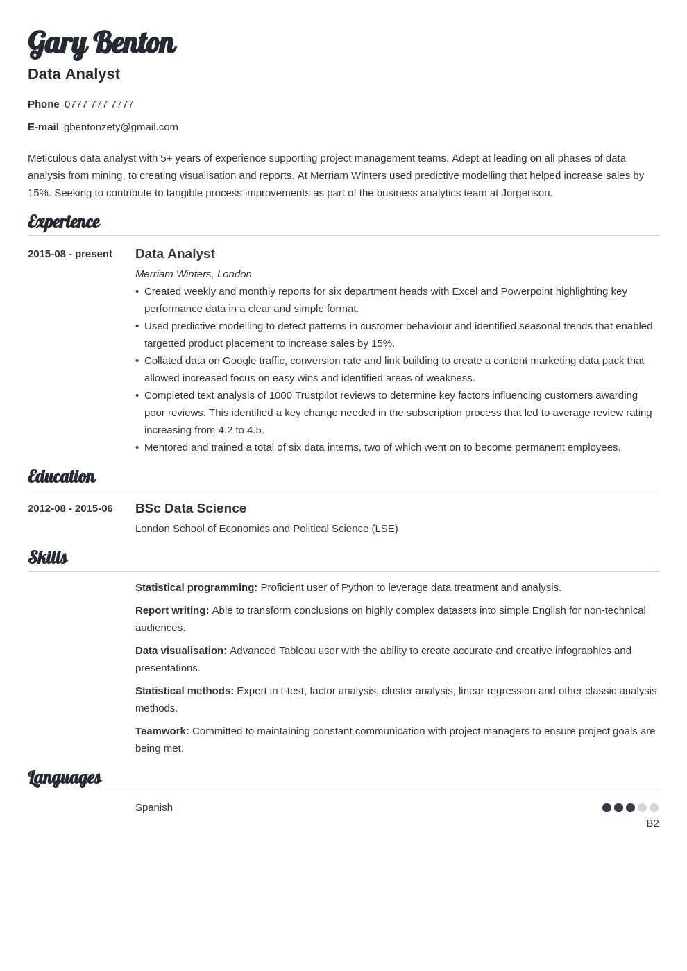 Data Analyst Cv Template Download