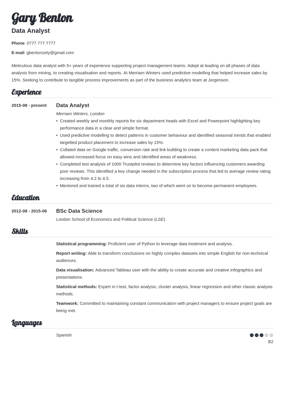 Data Analyst CV Example Writing Guide For 2021