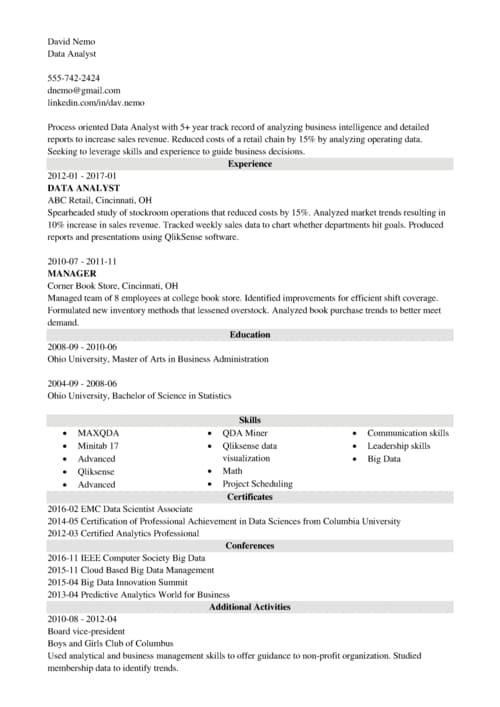 data analyst resume templates