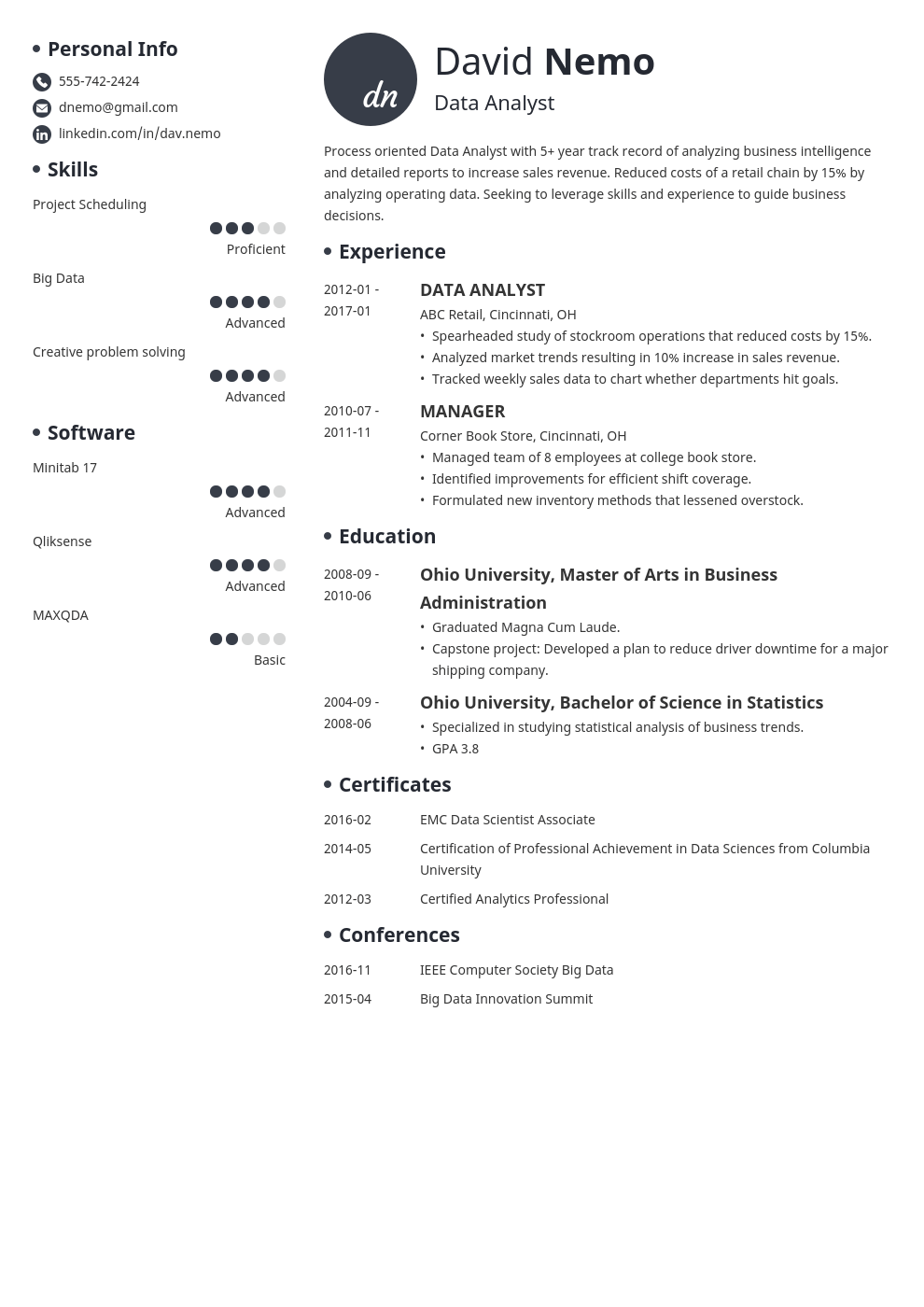 data analyst resume template initials