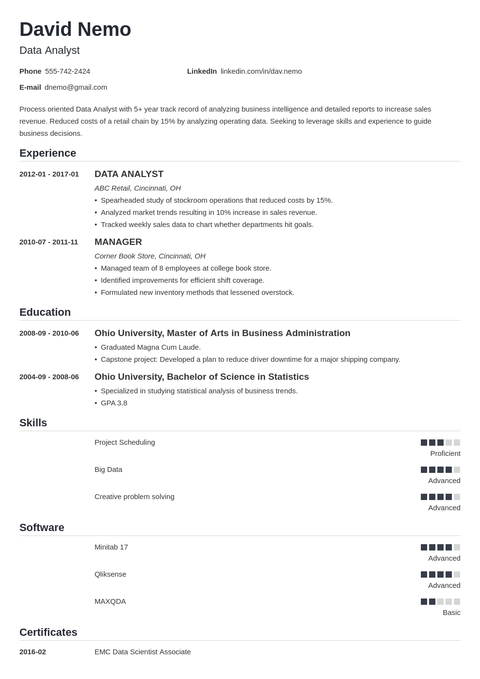 data analyst resume template nanica