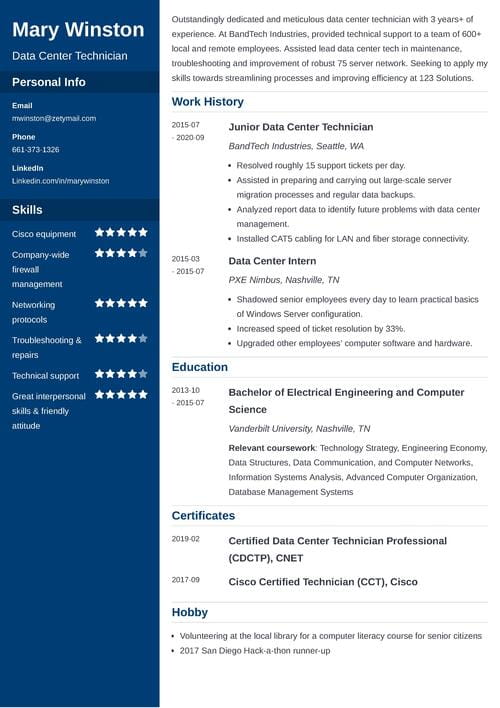 data center technician resume example