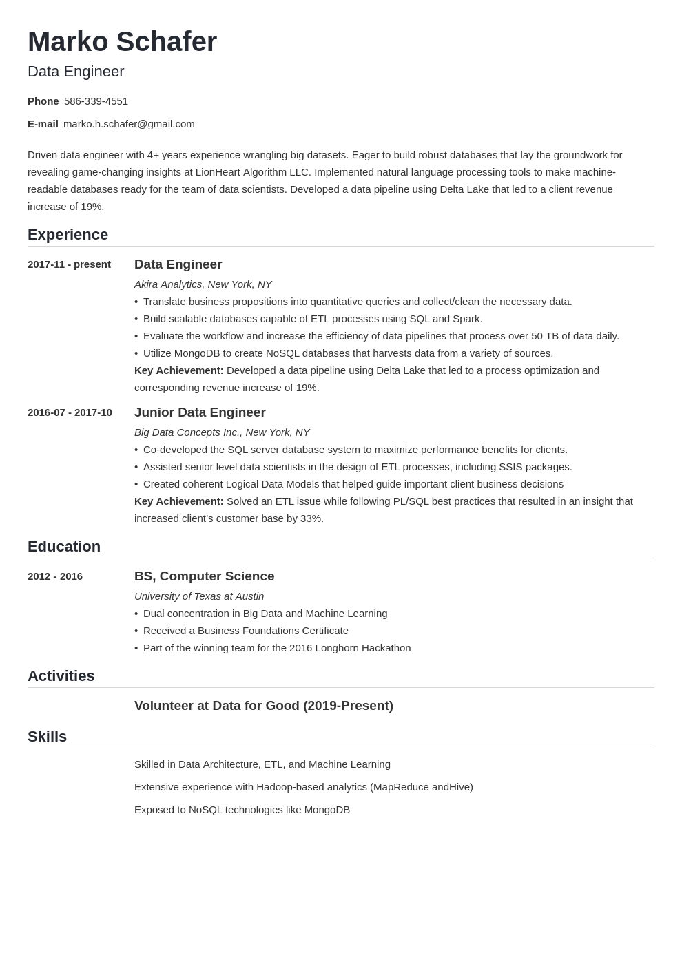 Data Engineer Resume Sample Download