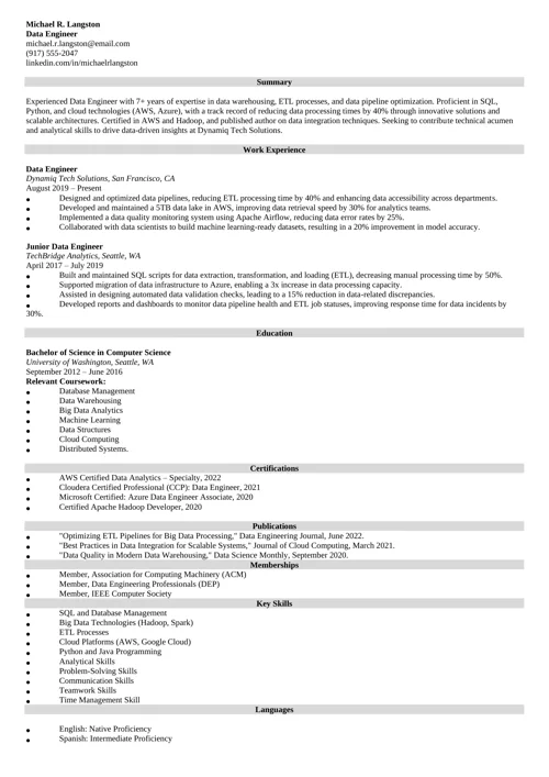 Data Engineer Resume Sample