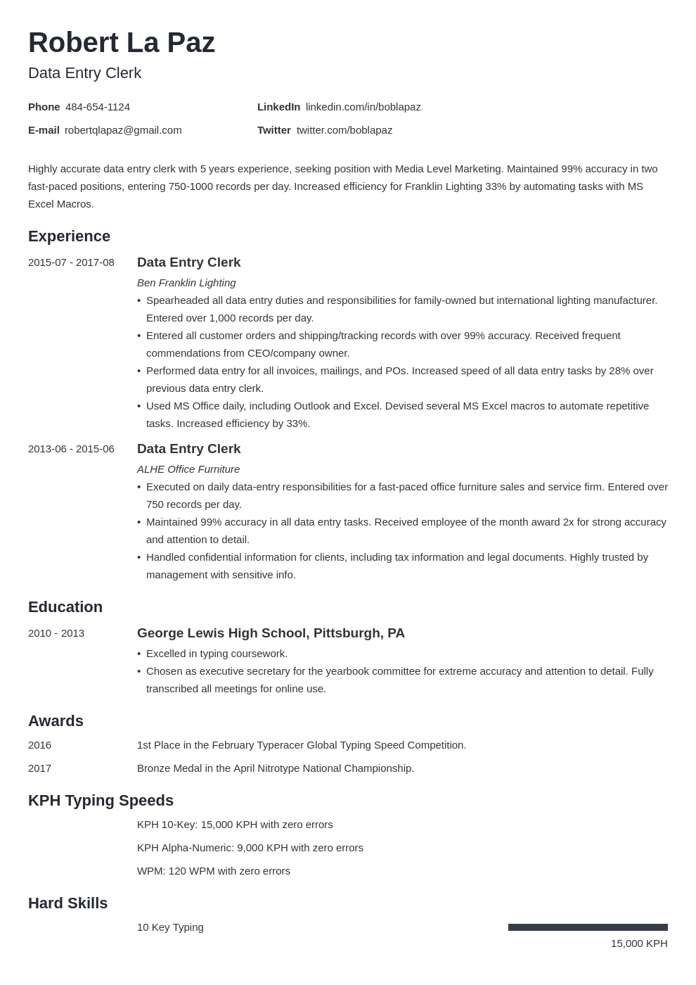 Data Entry Resume Summary