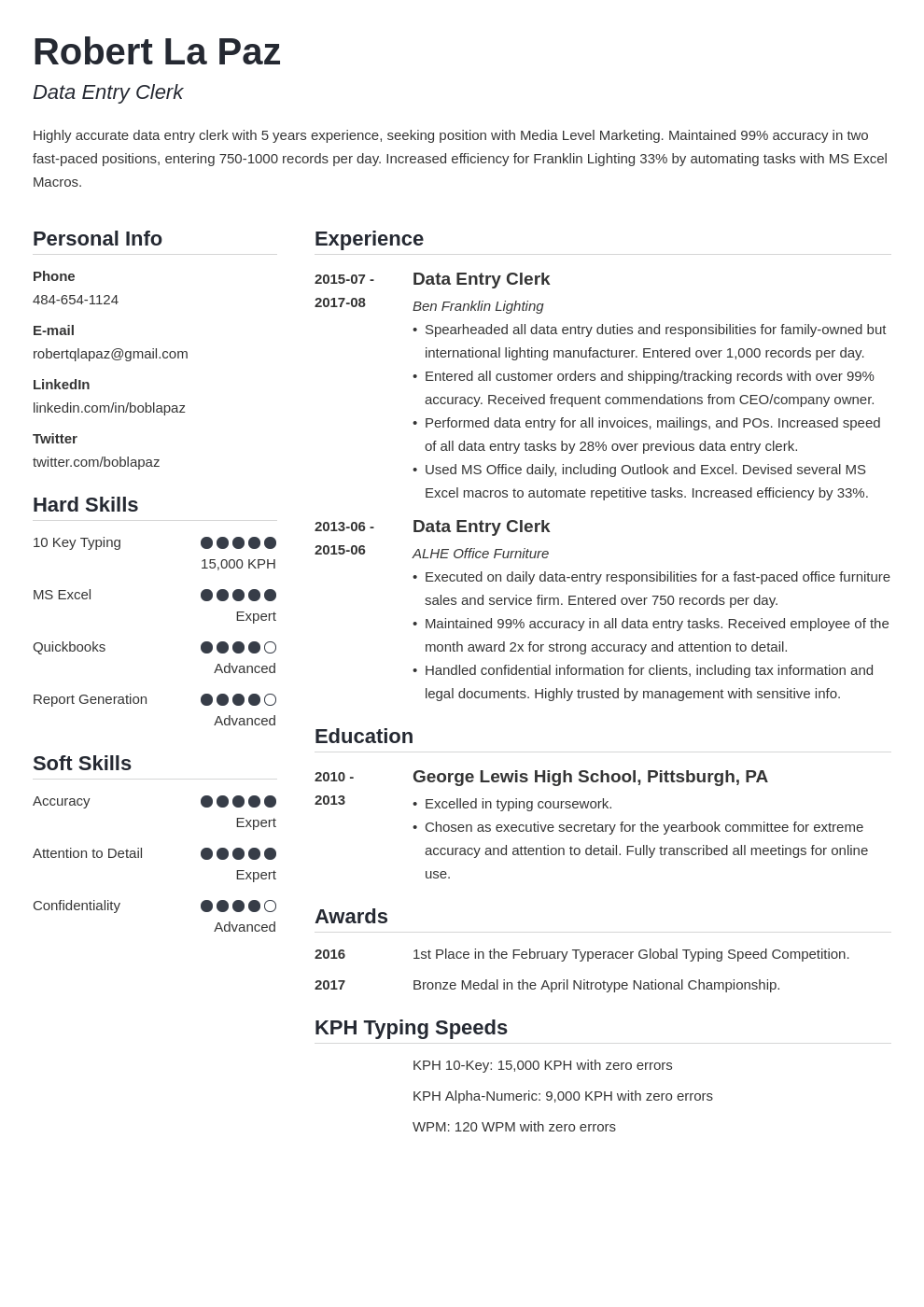 data entry resume example template simple
