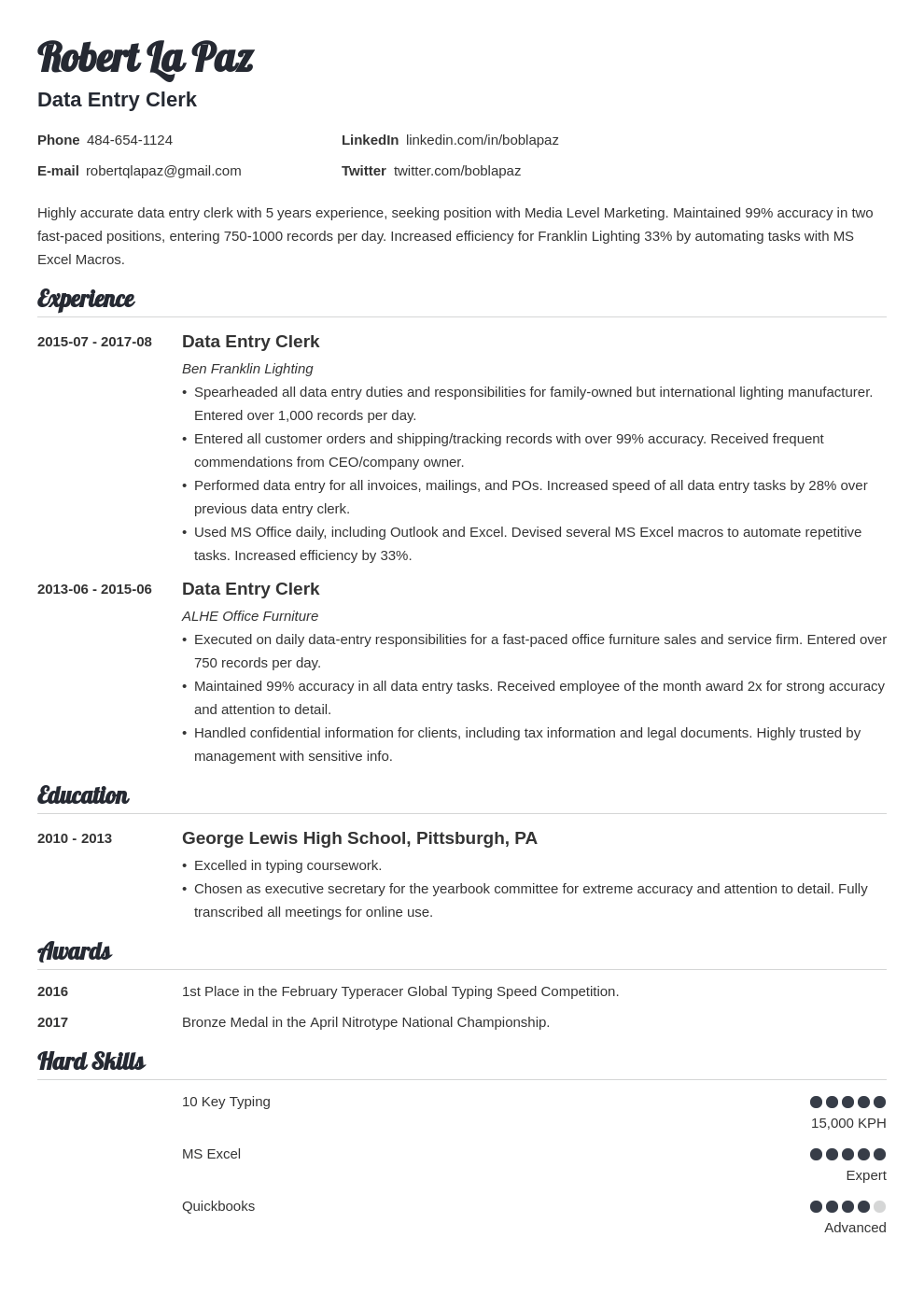 data entry resume example template valera