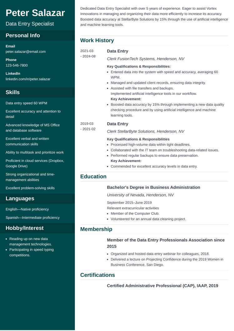 Data Entry resume template - Cascade