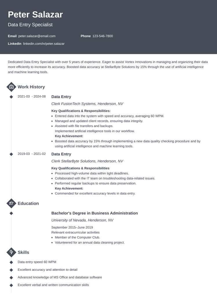 Data Entry resume template - Diamond