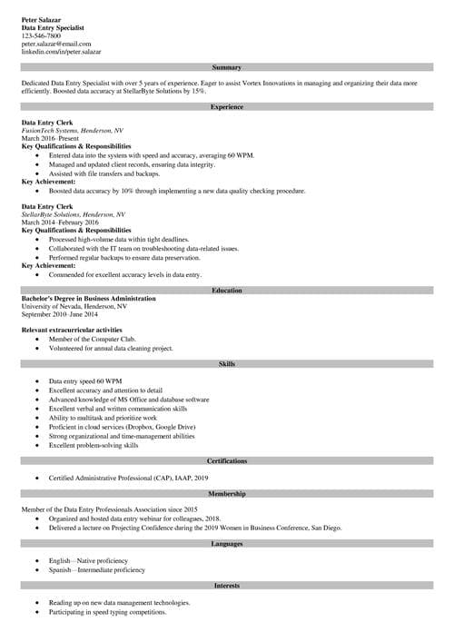 Data entry resume example