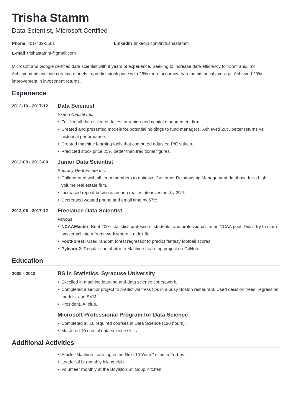 data scientist resume templates for free