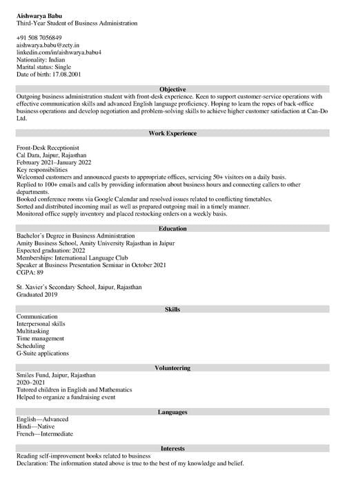 Declaration In Resume For Freshers Experienced Candidates