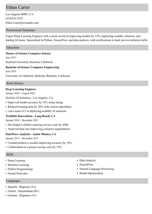 Deep Learning Engineer Resume Example
