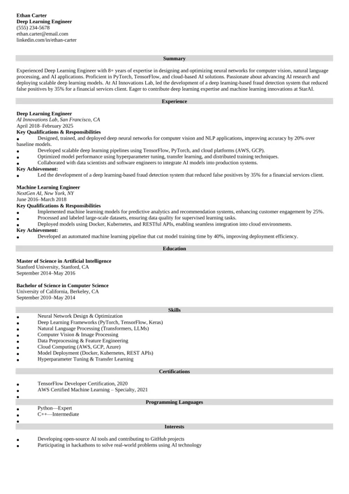 Deep Learning Engineer Resume Example