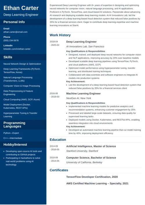 Deep Learning Engineer Resume Example