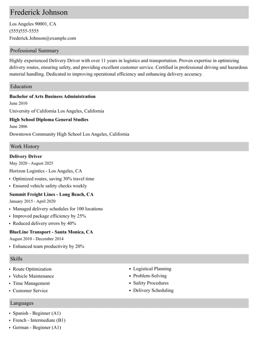 Delivery driver resume example