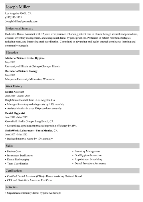 Dental Assistant Resume Example