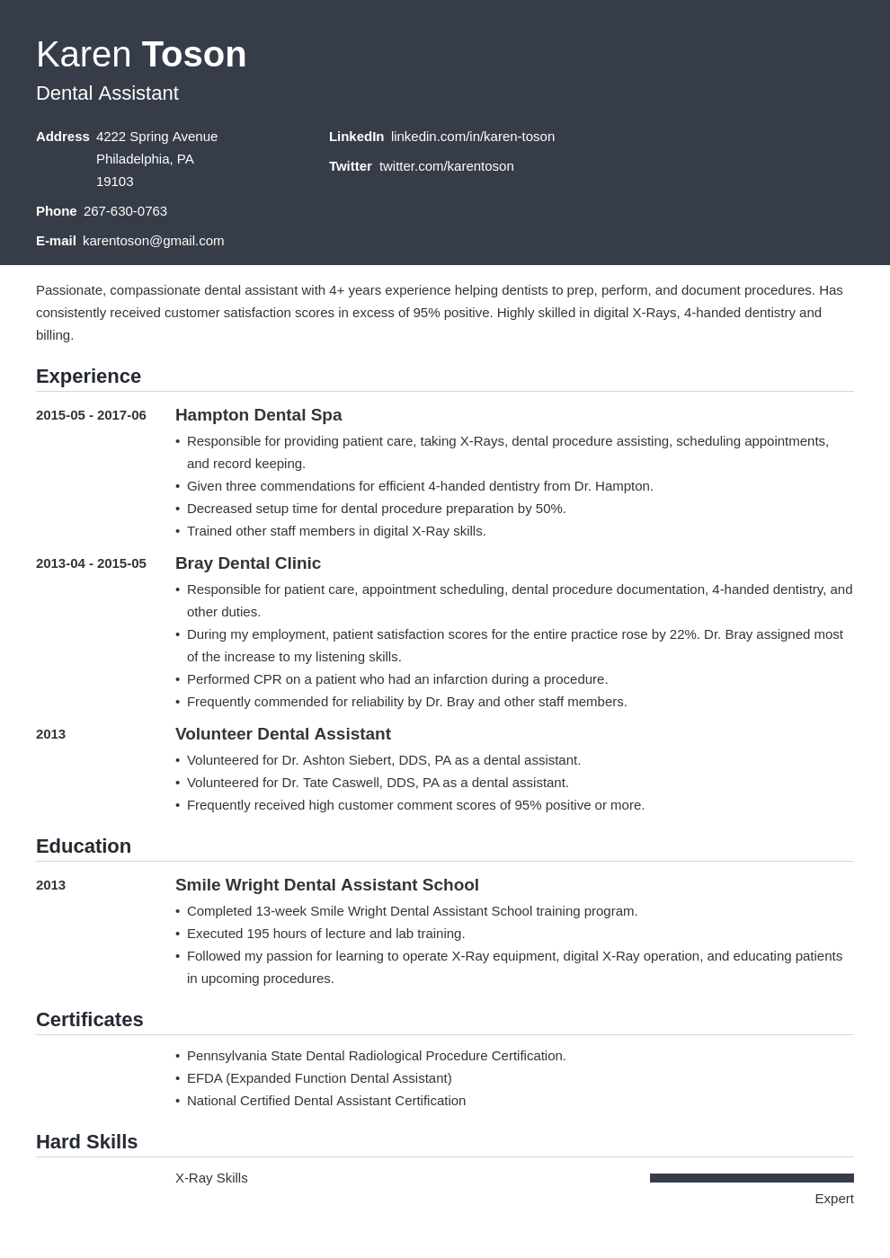 Dental Assistant Resume Sample Template Skills