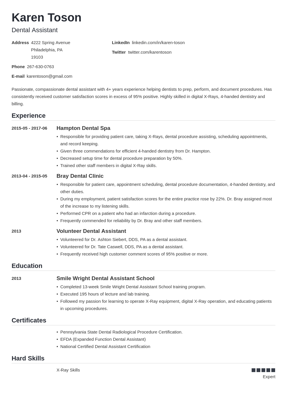 resume summary examples for dental assistant