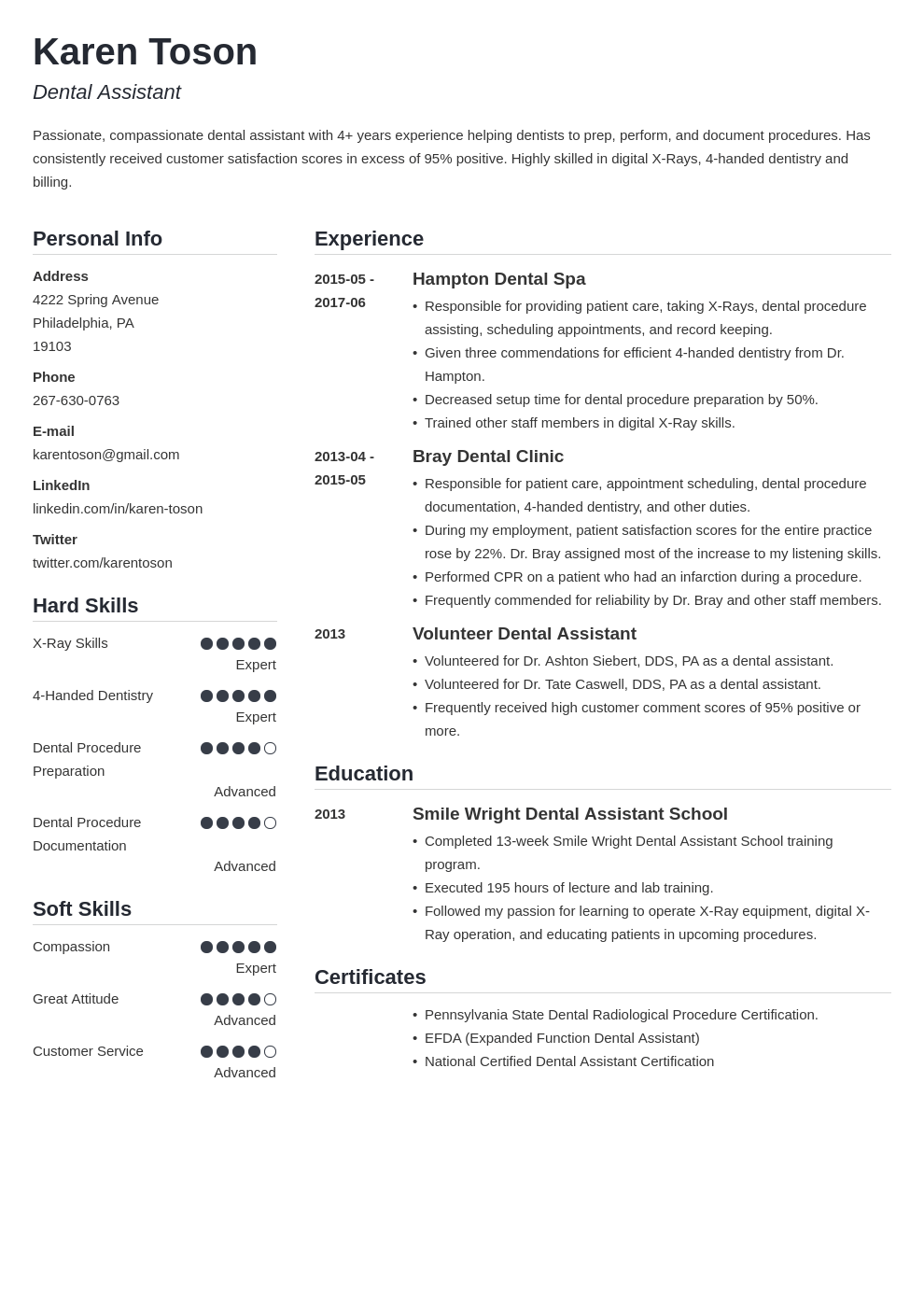 dental assistant resume template simple