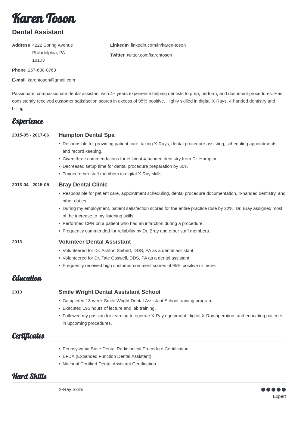 Dental Assistant Resume Sample Template Amp Skills