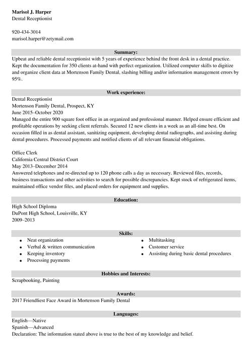 dental receptionist resume example