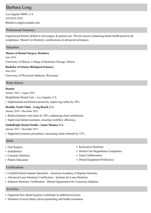Dentist resume example