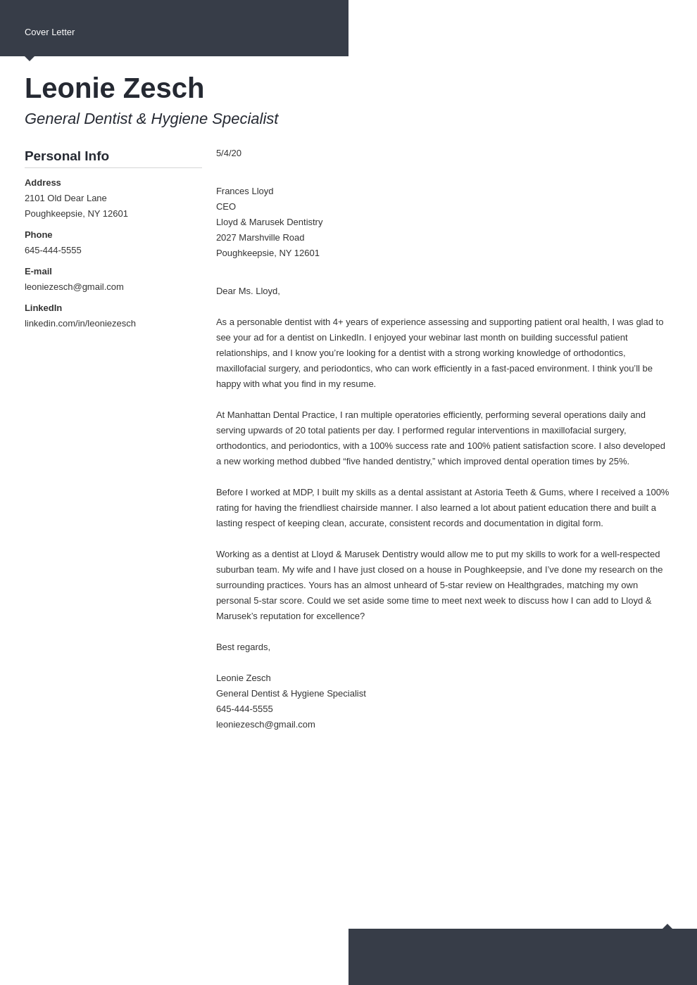 Dentist Cover Letter Examples & Writing Guide Regarding Dentist Note For School Template