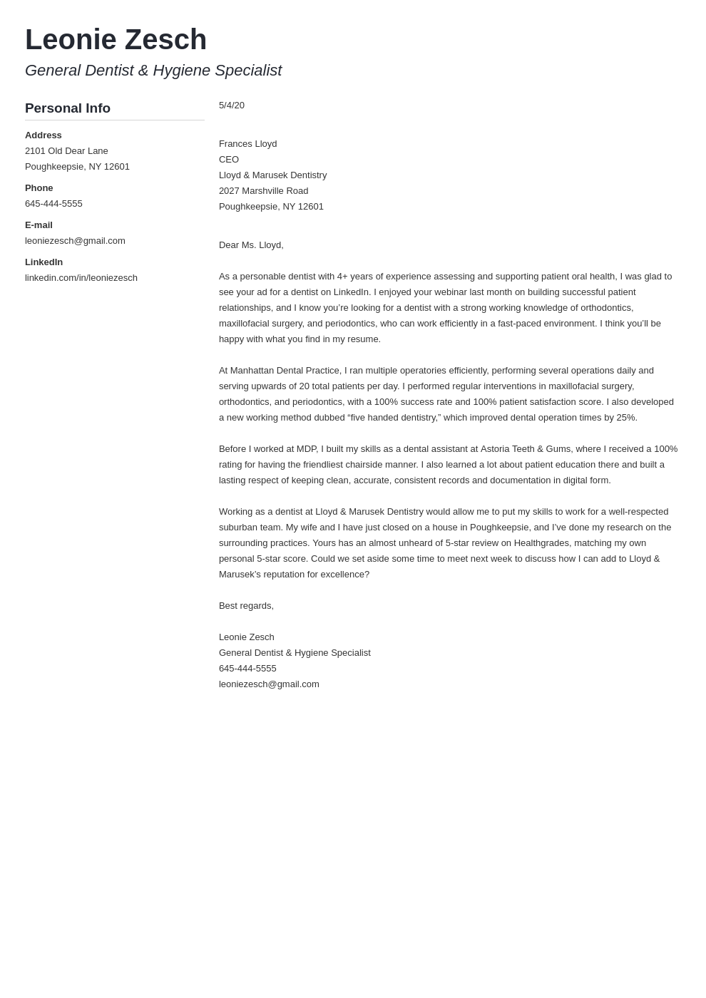 cover letter examples for orthodontist