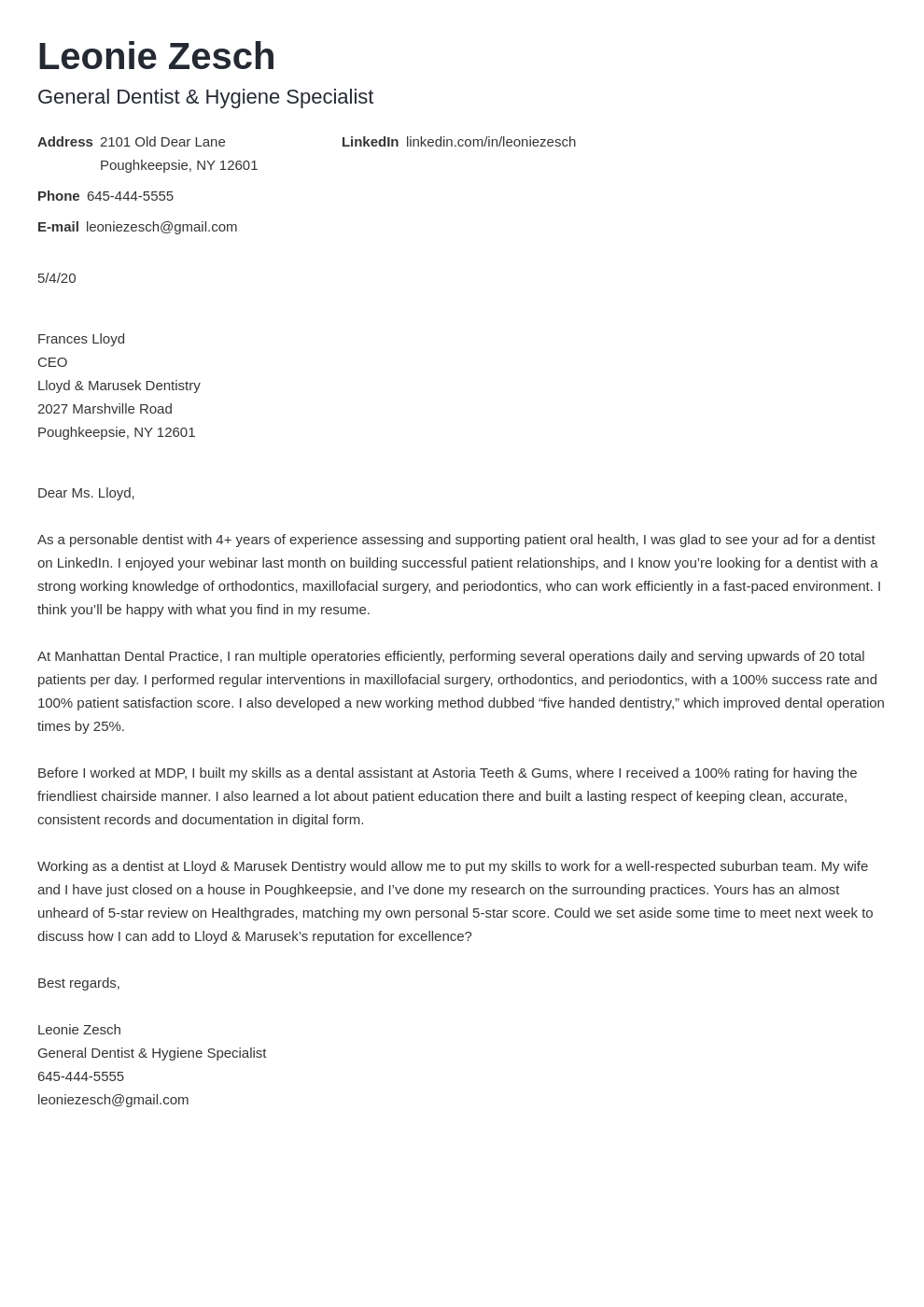 dental student cover letter