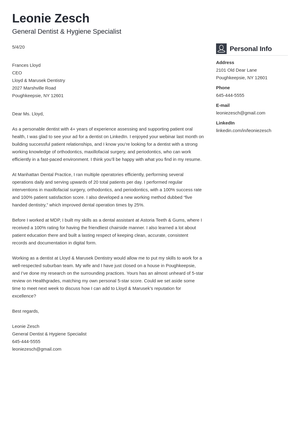 Dentist Cover Letter Examples Writing Guide