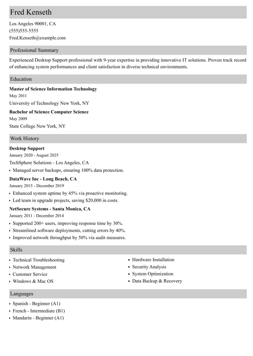 Desktop support resume example