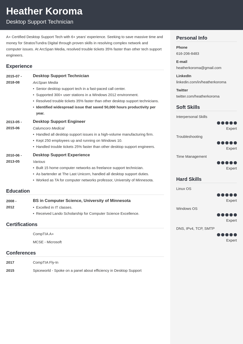 Desktop Support Resume Samples [Also for Technicians]