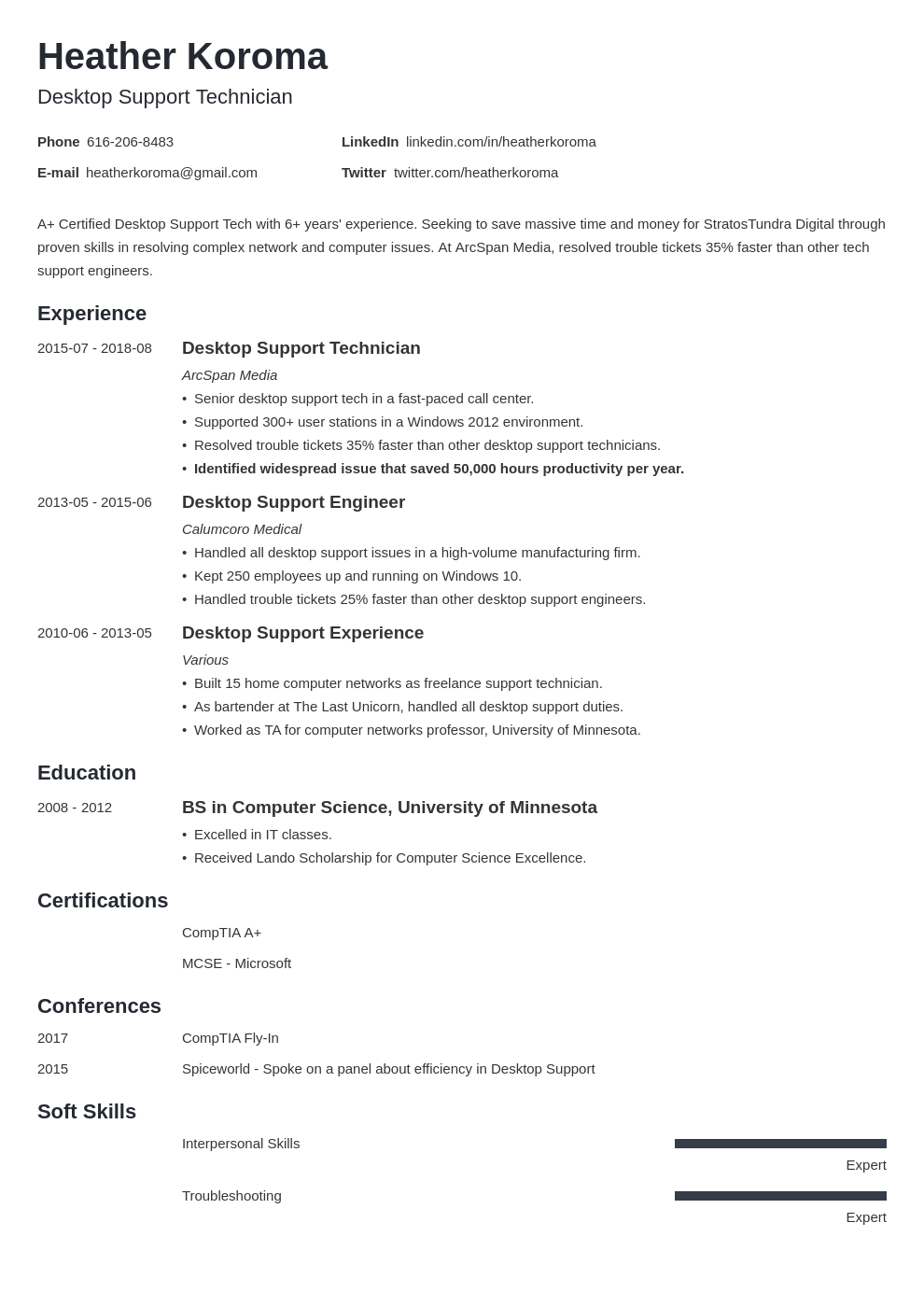 desktop support resume example template minimo