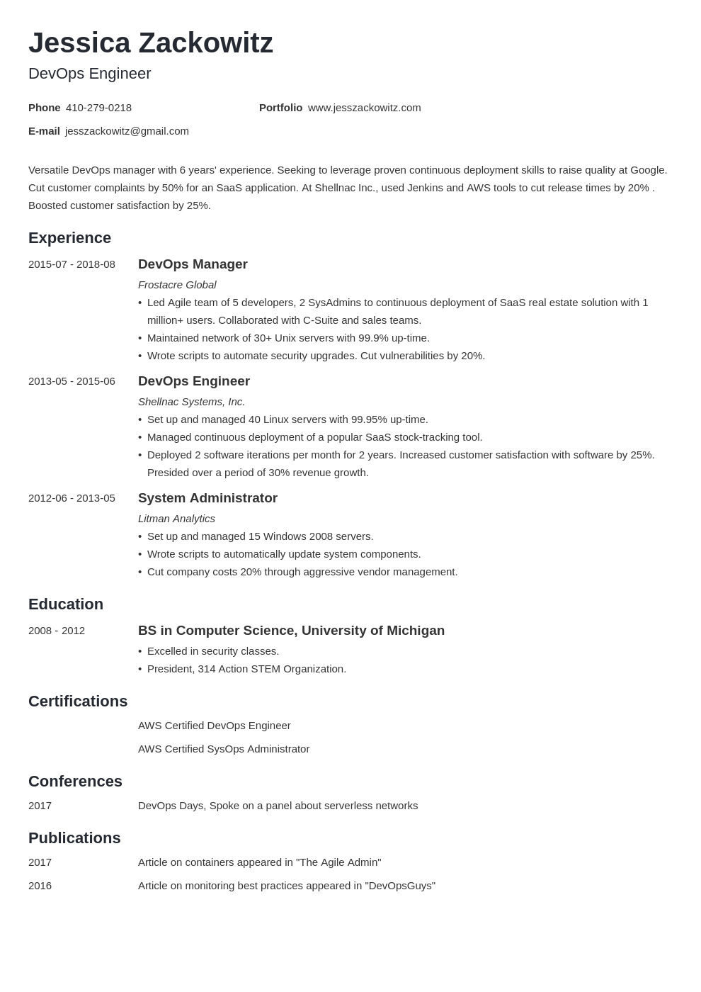 devops resume example template minimo