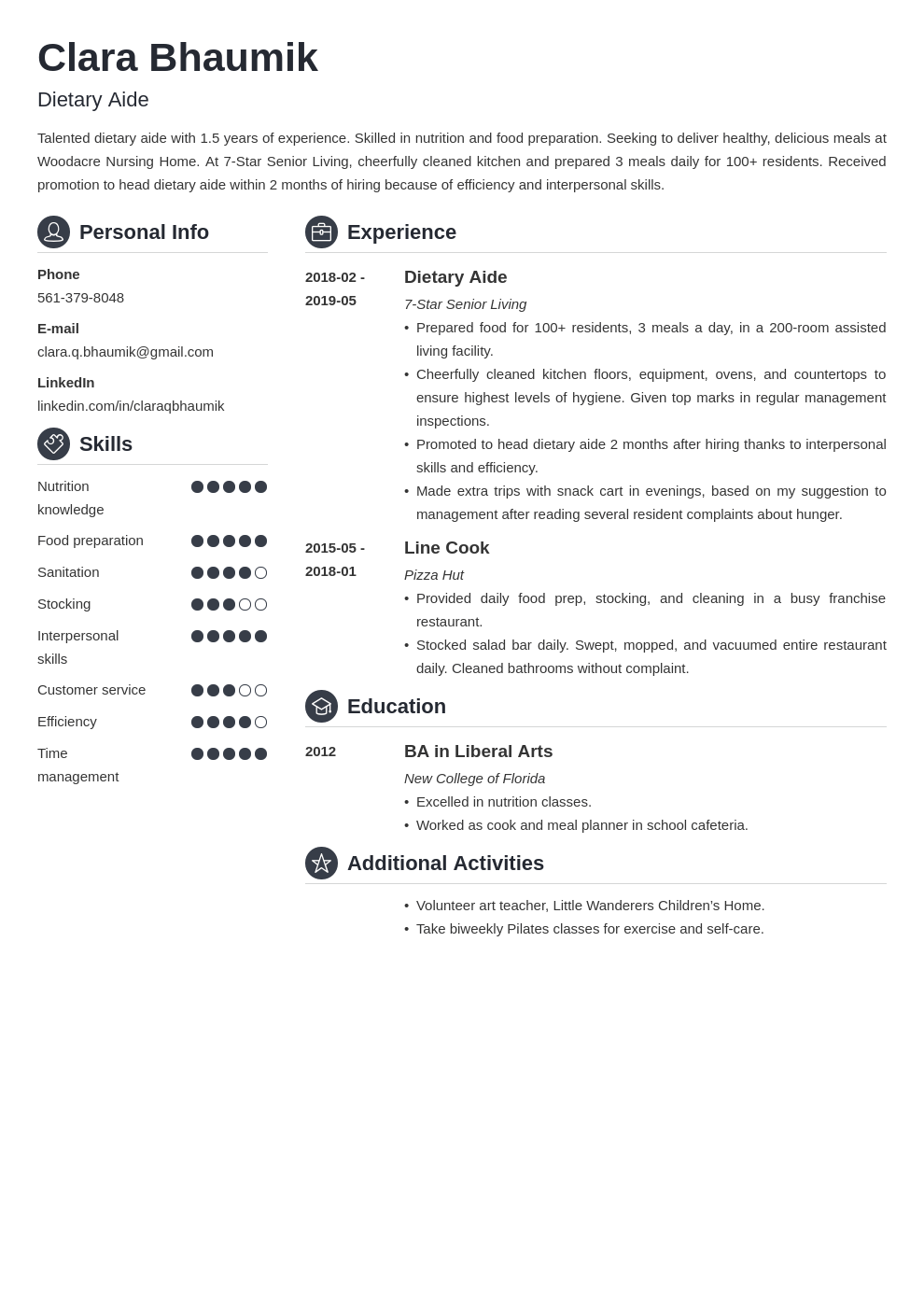 Dietary Aide Resume Sample 20 Job Description Tips